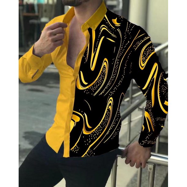 Cárdigan de lujo de moda para fiesta de graduación para hombre, camisa de solapa con botones y talla grande para eventos sociales, top informal con estampado de manga larga en dorado, morado y azul