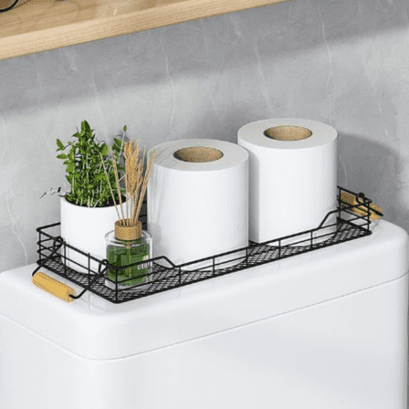 Metal Toilet Paper Basket Storage, Bathroom Toilet Tank Tray with Bamboo Handle Countertop, Back of Toilets Tray Basket for Vanity Kitchen Counter D r, Black