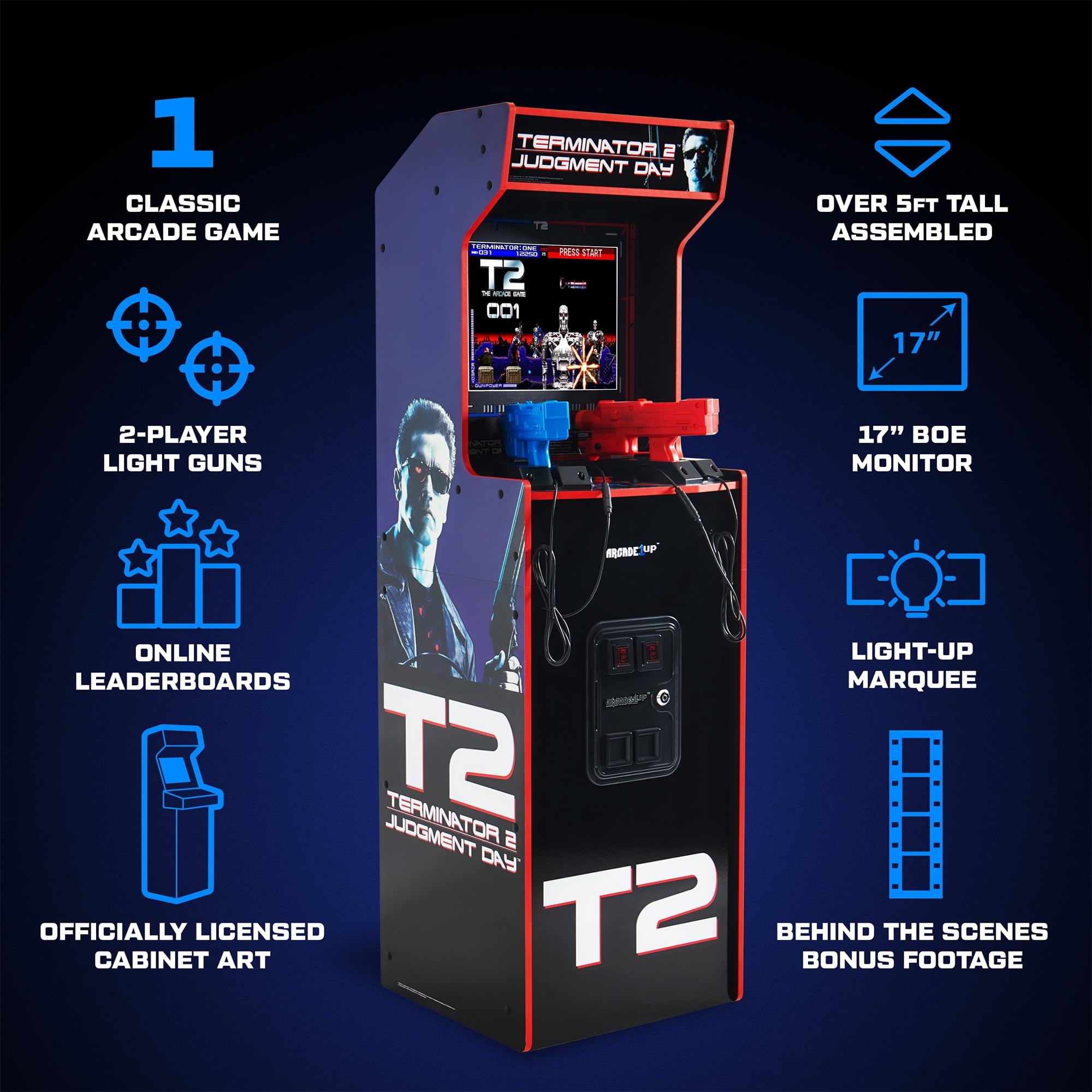 Arcade1Up Terminator 2 Deluxe Arcade Machine – 17" Color Screen, Real-Feel Arcade Light Guns, Wi-Fi Leaderboards, Classic Video Game, Perfect for at-Home Gaming