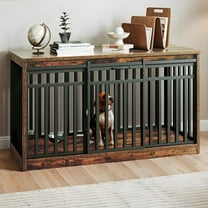 Dextrus Dog Crate Furniture with Sliding Door, 55 in Wooden Indoor Dog Cage Table with Dog Bowl,Rustic Brown