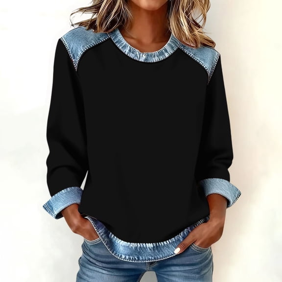 Women's Denim Trim Sweatshirt, Crewneck Pullover with Denim Accents, Long Sleeve Casual Loose Fit Top, Streetwear Fashion Crewneck Sweatshirt Black L