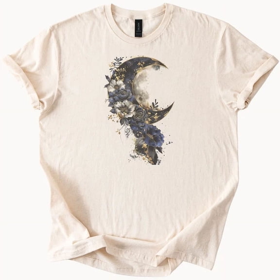 Hot Trending Moon and blue floral graphic tee with mystical night sky watercolor design Design Preview Only