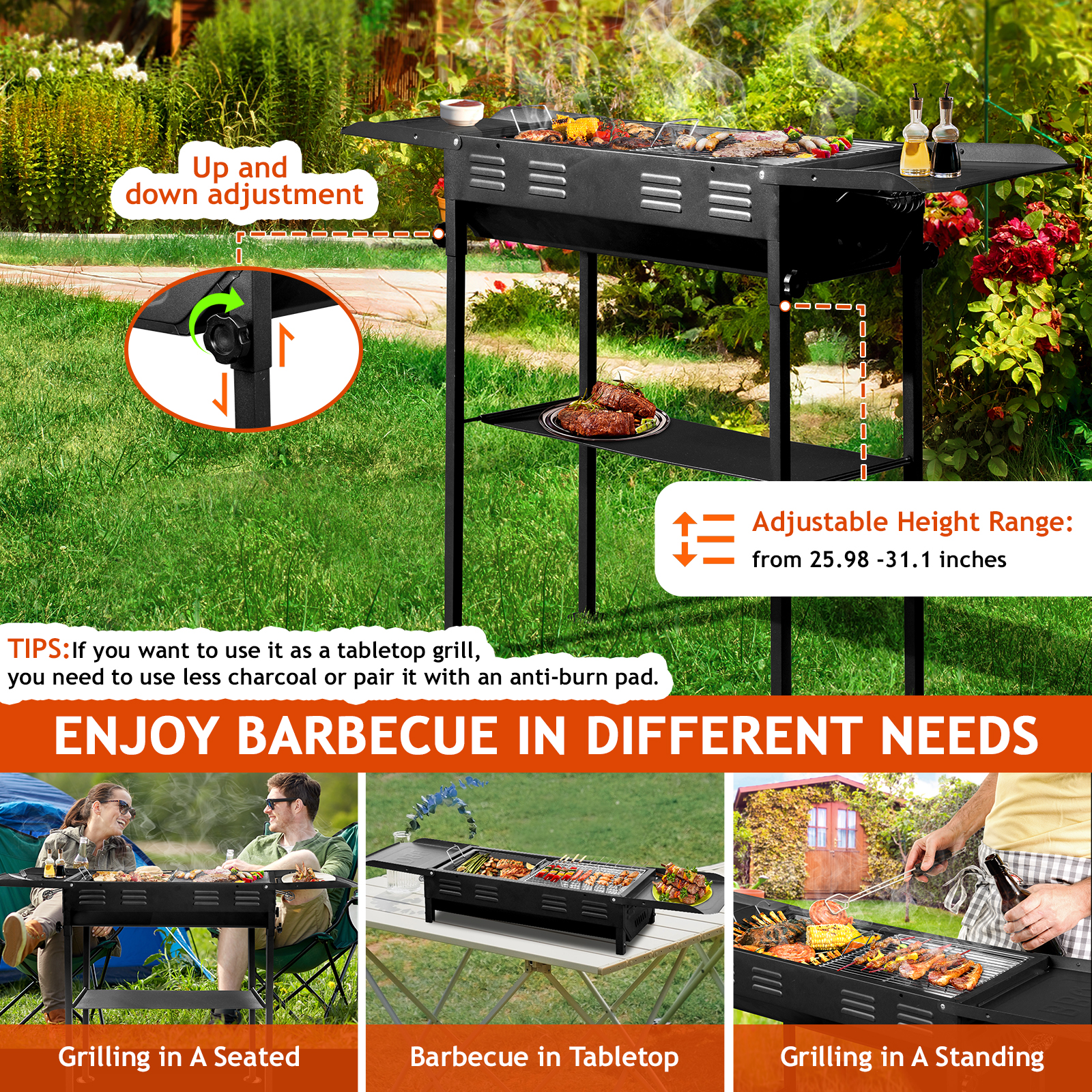 Xilee Portable Charcoal Grill Outdoor Cooking,Camping Barbecue Grill with Storage Shelf, Metal Kebab Skewers, Rectangular Lamb Skewer Grill for Backyard Party Picnic Travel,Black