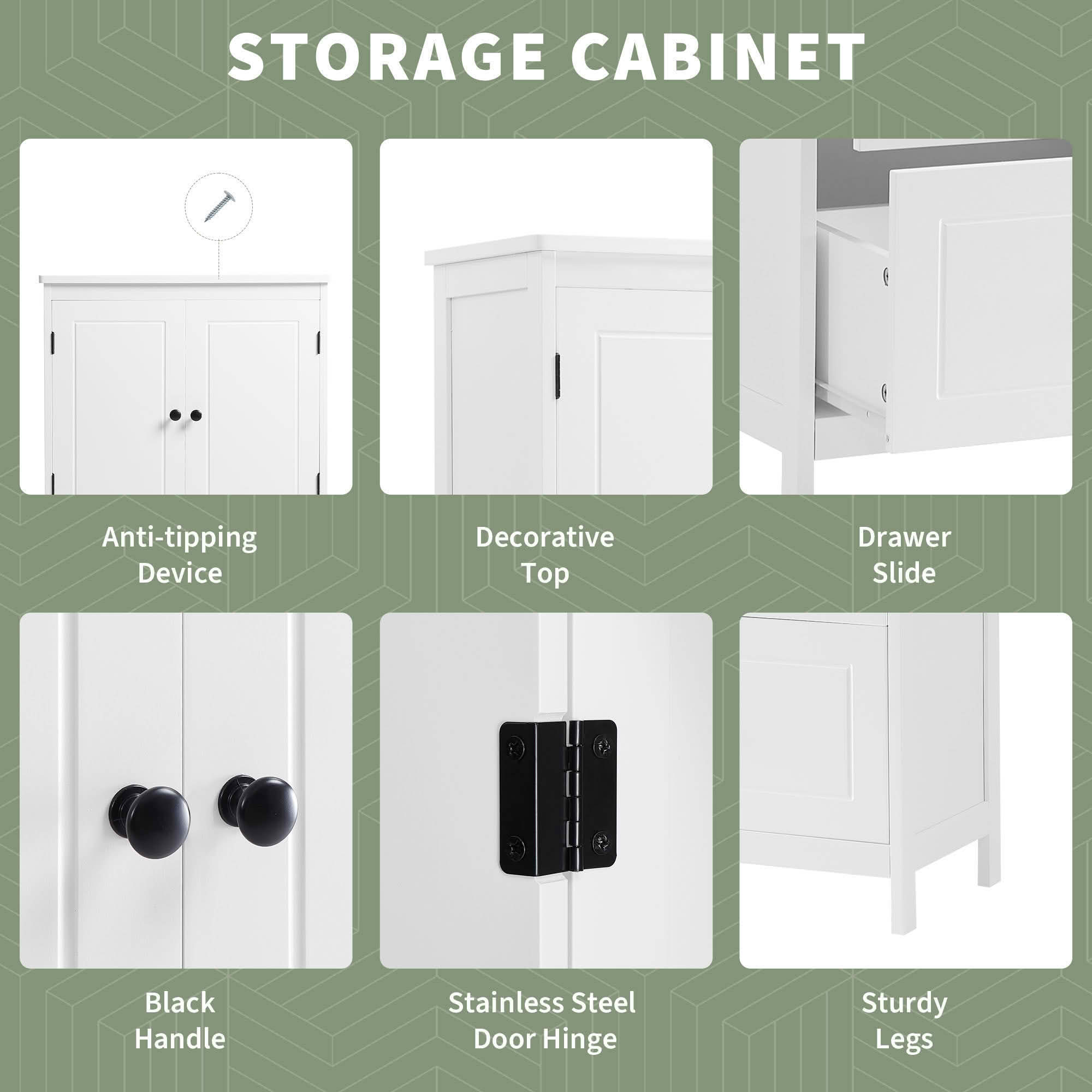MAYEERTY Bathroom Cabinet 2 Doors Drawers Adjustable Shelf MDF White