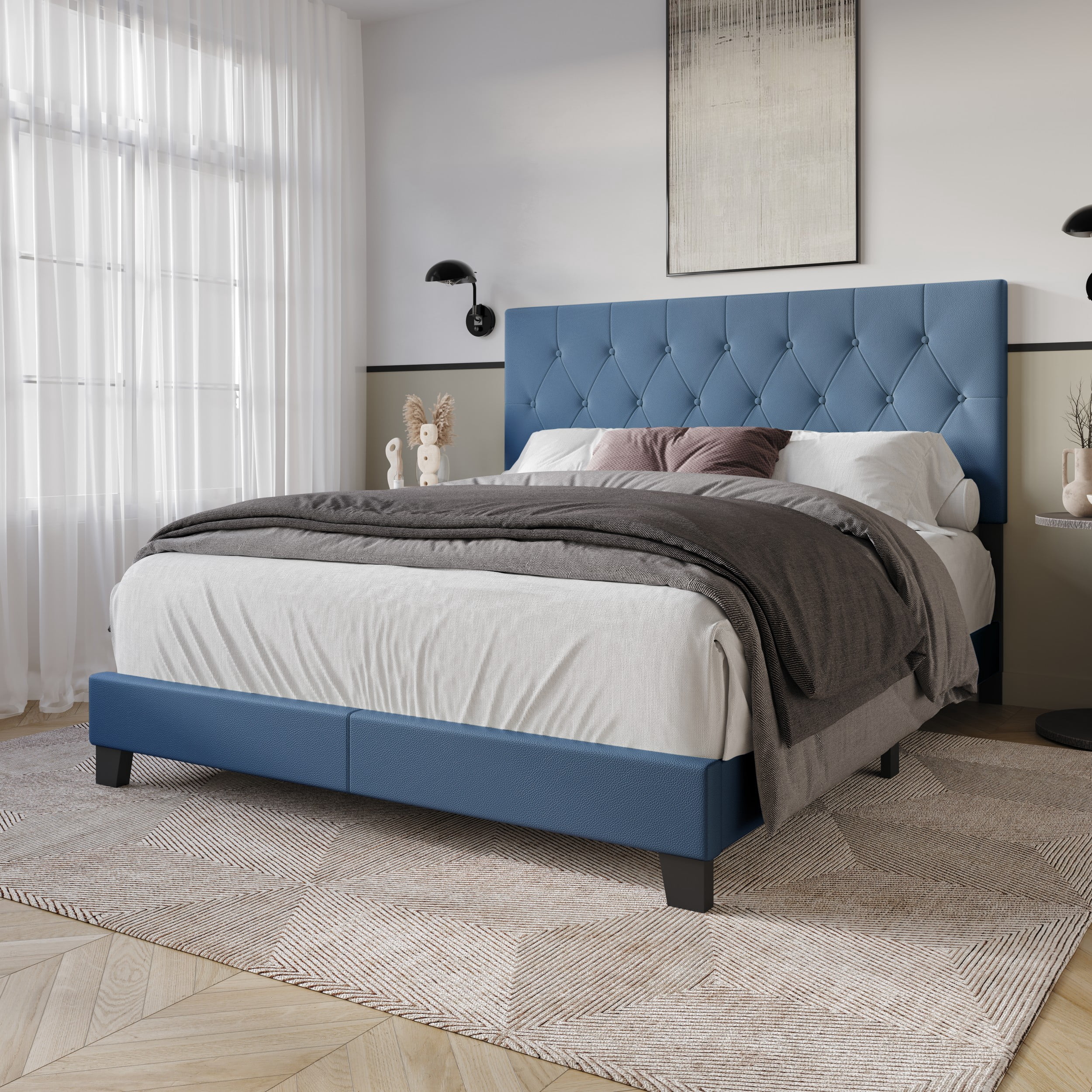 Home Design Omaha Full Tufted Upholstered Panel Bed Frame, Blue, Easy Assembly
