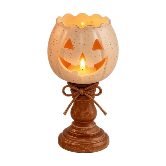 Rustic White Pumpkin Candle Holder Set, Farmhouse Tealight Holders with Wood Pedestal, Fall Table Centerpiece for Halloween Thanksgiving and Autumn Decor