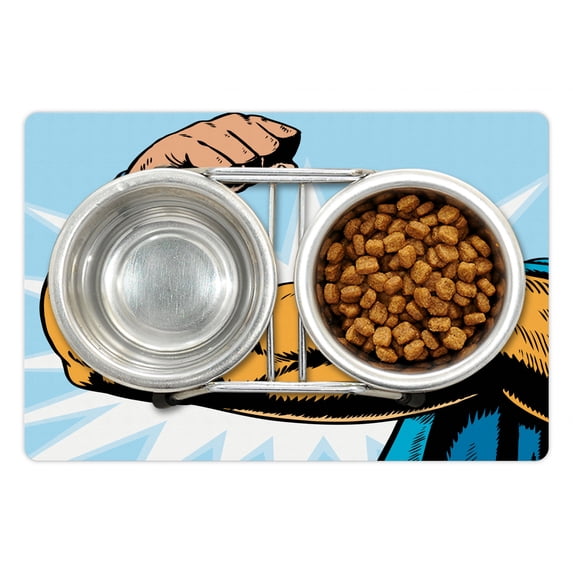 Comics Pet Mat for Food and Water, Superhero Arm Flexing Muscles Powerful Fiction Character Cartoon Graphic Style, Non-Slip Rubber Mat for Dogs and Cats, 18" X 12", by Ambesonne