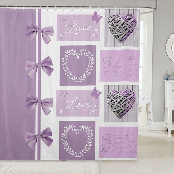 Purple Shower Curtain with Bows and Love Heart Pattern Waterproof Fabric Bathroom Decor 71x71 inches