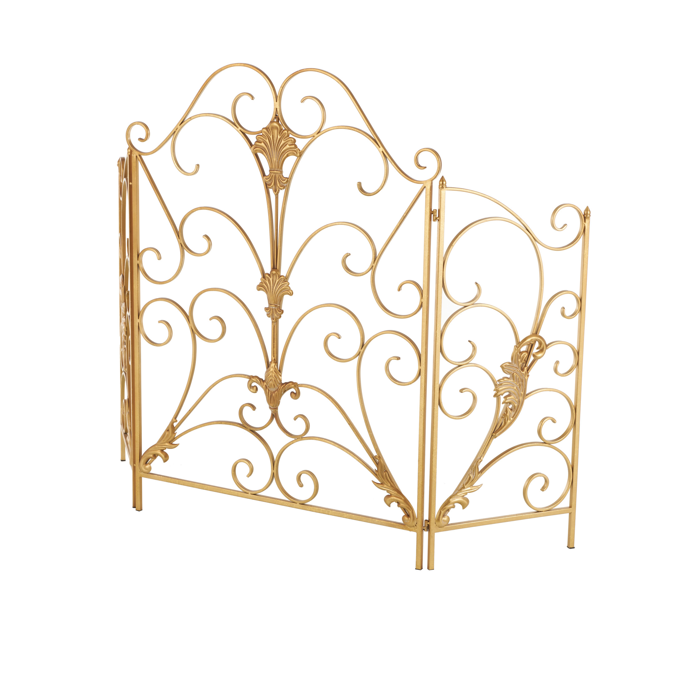 DecMode 29" x 40" Gold Metal Foldable 3 Panel Scroll Fireplace Screen with Fleur De Lis Accents, 1-Piece