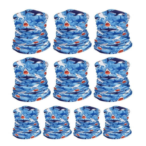 WIRESTER Set of 10pcs Bandana Seamless Tube Mask, Headwear, Scarf for Wear Face Coverings, Running, Cycling, Fishing, UV Protection - Blue Shark Pattern
