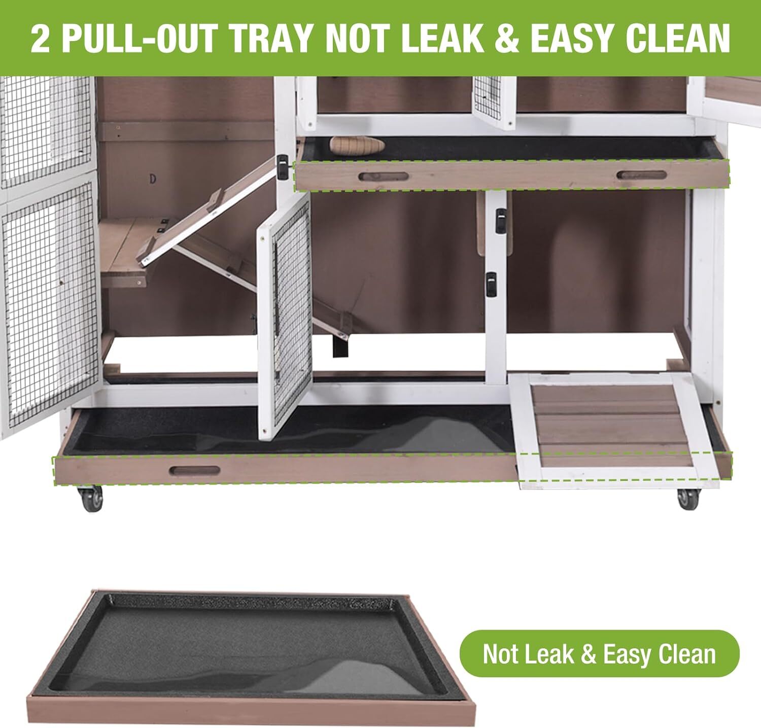 MEDEHOO Rabbit Hutch Indoor and Outdoor Bunny Cage with Wheels Hamster House Guinea Pig Cages for Small to Medium Animals Waterproof Leakproof Tray brown