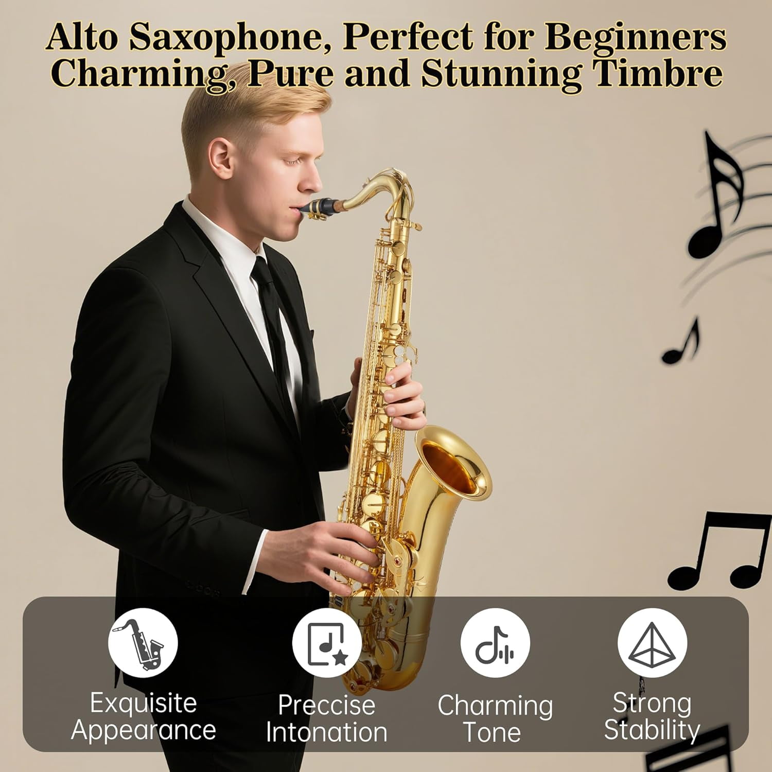 B-Flat Tenor Saxophone with Mouthpiece, Case, Cleaning Cloth, Gloves & Cleaning Rod, Professional Tenor Sax Musical Instrument