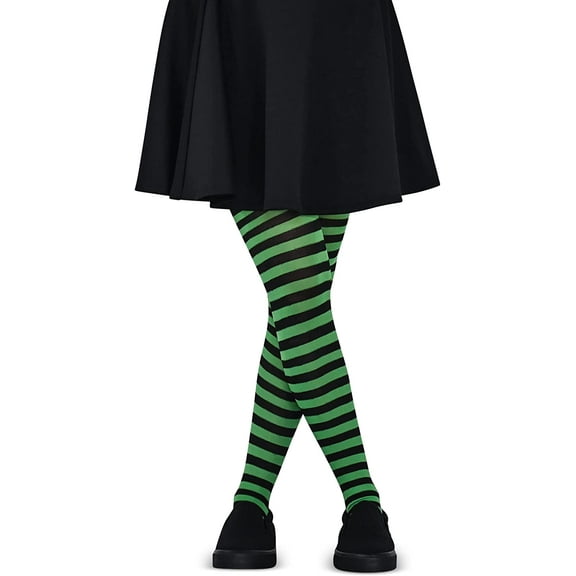 Skeleteen Black and Green Tights - Striped Nylon Stretch Pantyhose Stocking Accessories for Every Day Attire and Costumes for Teens and Children