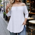 thumbnail image 2 of DDAPJ pyju Women's Off Shoulder 3/4 Sleeve Shirts Eyelet Casual Tunic Tops Plus Size Summer Blouses White L, 2 of 7
