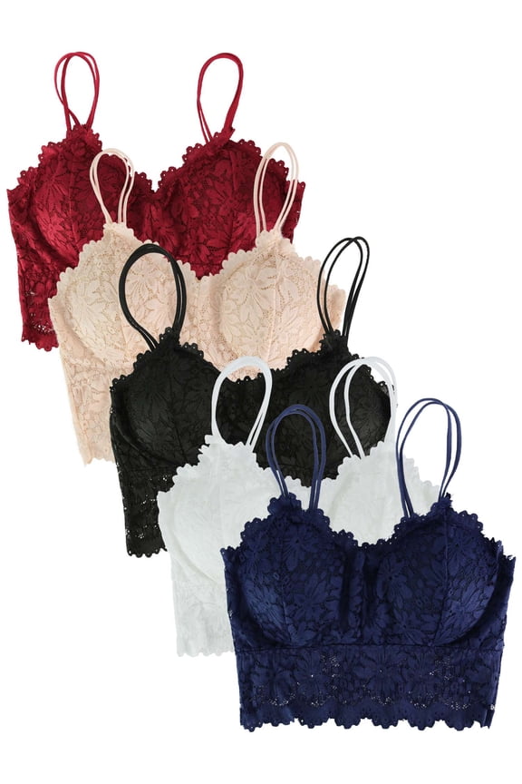 5 Pack Floral Lace Bralettes for Women, Padded Lace Bandeau Bra Ladies V Neck Camisoles Thin Straps Lingerie