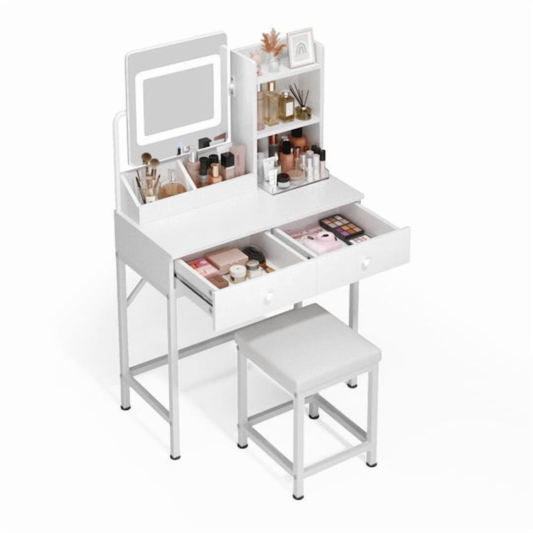 Aiho Dressing Table, Get Ready with Me GRWM 2-Piece Vanity and Stool with Lighted Mirror, 31.5" Makeup Vanity with 3 Color Lights - White