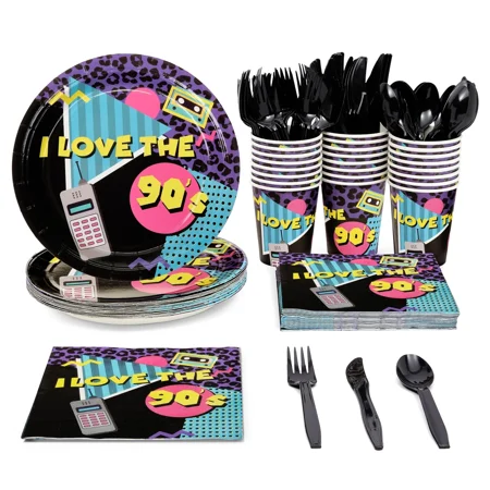144 Pc I Love the 90s Theme Party Supplies Retro 1990s Disposable Dinnerware