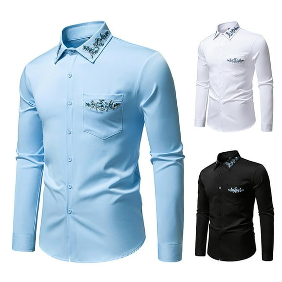 safuny Men's Embroidered Dress Shirt Light Blue Long Sleeve Button Down Casual Slim Top Black L