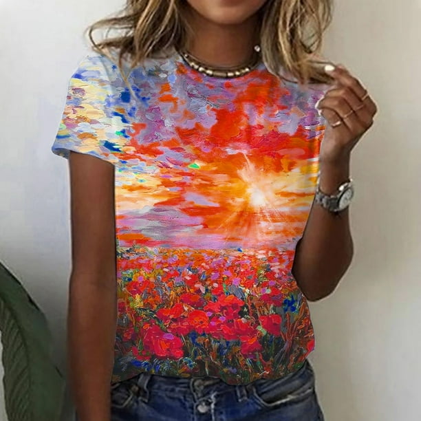 ICHUANYI Clearance Women's Casual Loose Floral Print Crewneck Printed Short Sleeve T-Shirt Tops(Red, S) ICHUANYI WER2023081117320