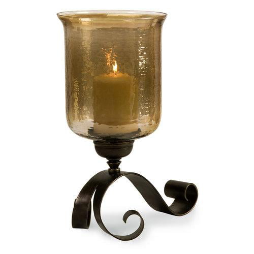 Bronzed Iron Cylinder Hurricane with Hammered Glass