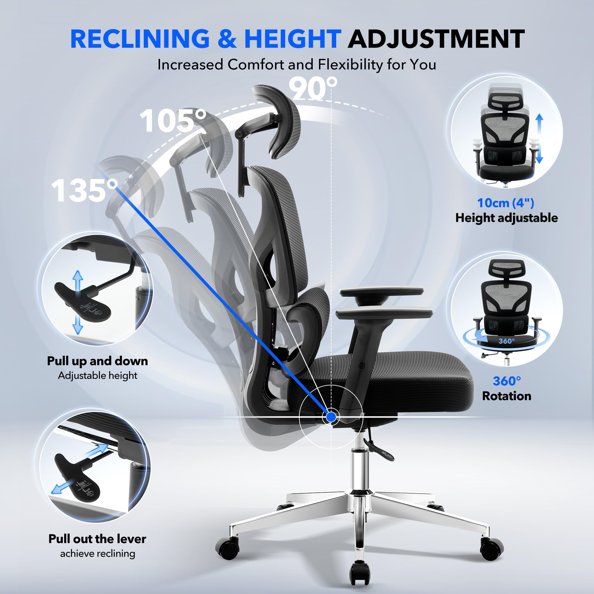 Ergonomic High-Back Mesh Office Chair – Adjustable Lumbar, 3D Armrests, Headrest & Recline – Breathable Rolling Swivel Desk Chair, Supports 300 lbs – Black Frame & Black, Electroplated Base