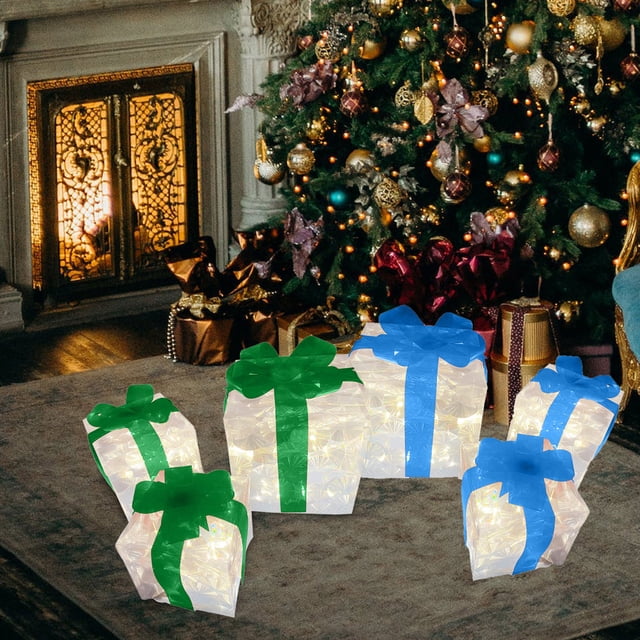 Fiudx Caja de Regalo Navideña con Luces Led Luminosas, Diseño Plegable, Decoración Navideña, para Uso Interior y Exterior, Colores Verde y Azul Transparente, Juego de 3 Piezas, Tamaño de 13 X 13 Cm a