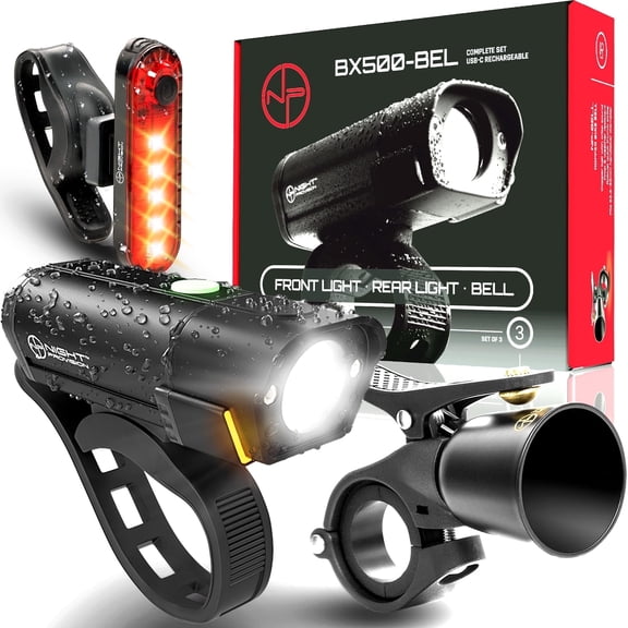[New 2025] BX500-BEL Complete Bike Light & Bell Set - Powerful USB-C Rechargeable Front and Back Lights 10hrs Max Bicycle LED Headlight Kit - 18hr Max Taillight - Accessories for Night Riding