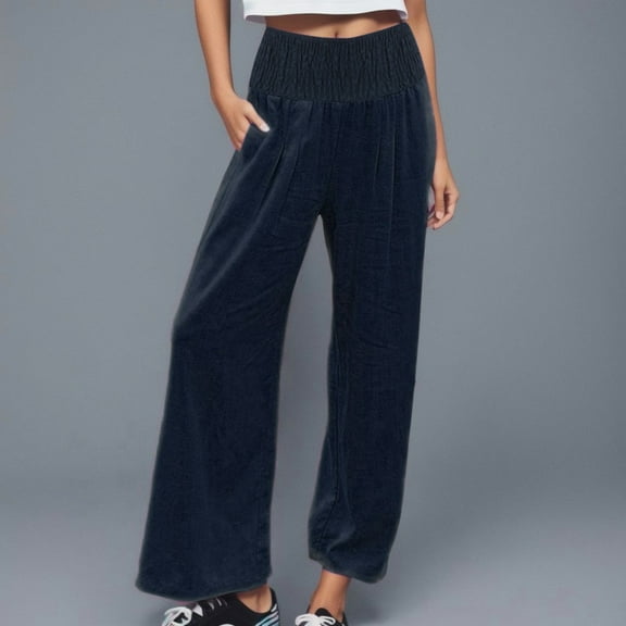 Blue Women's Casual Pants, High Waist Wide Leg Palazzo Pants For Women Smocked Elastic Waist Loose Comfy Casual Pajama Pants Pockets,Women's Casual Pants XL