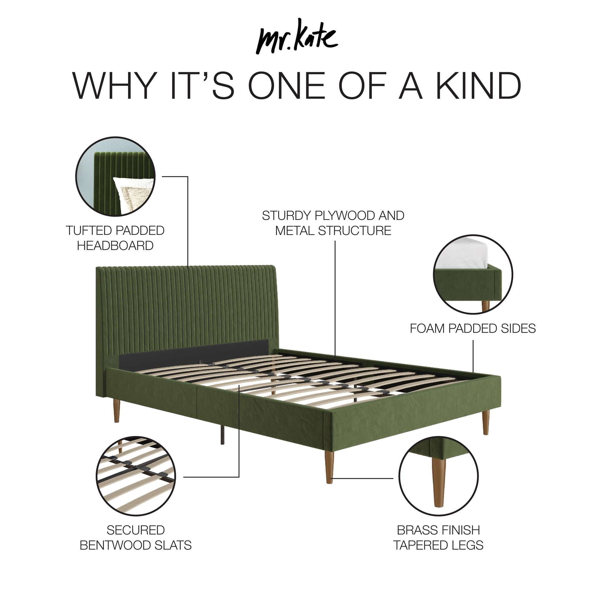 Mr. Kate Daphne Upholstered Bed with Vertical Channel Tufted Headboard, Queen, Olive Green Velvet
