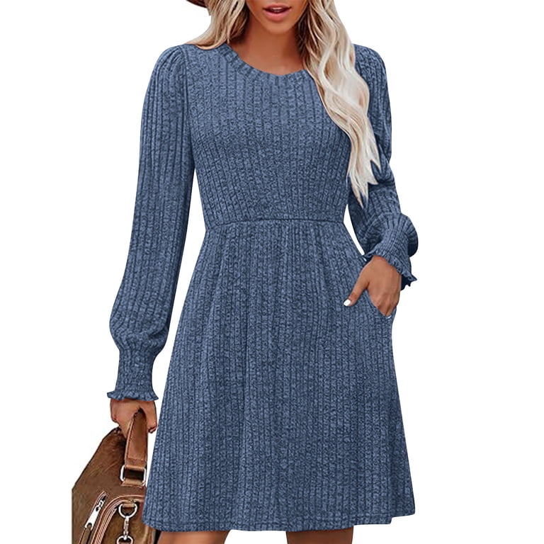 Jinhomg Long Sleeve Midi Dresses for Women Fall Fashion Casual Vacation  Dress Crewneck Baggy Solid Color Long Tshirts Dress Navy S - Walmart.com