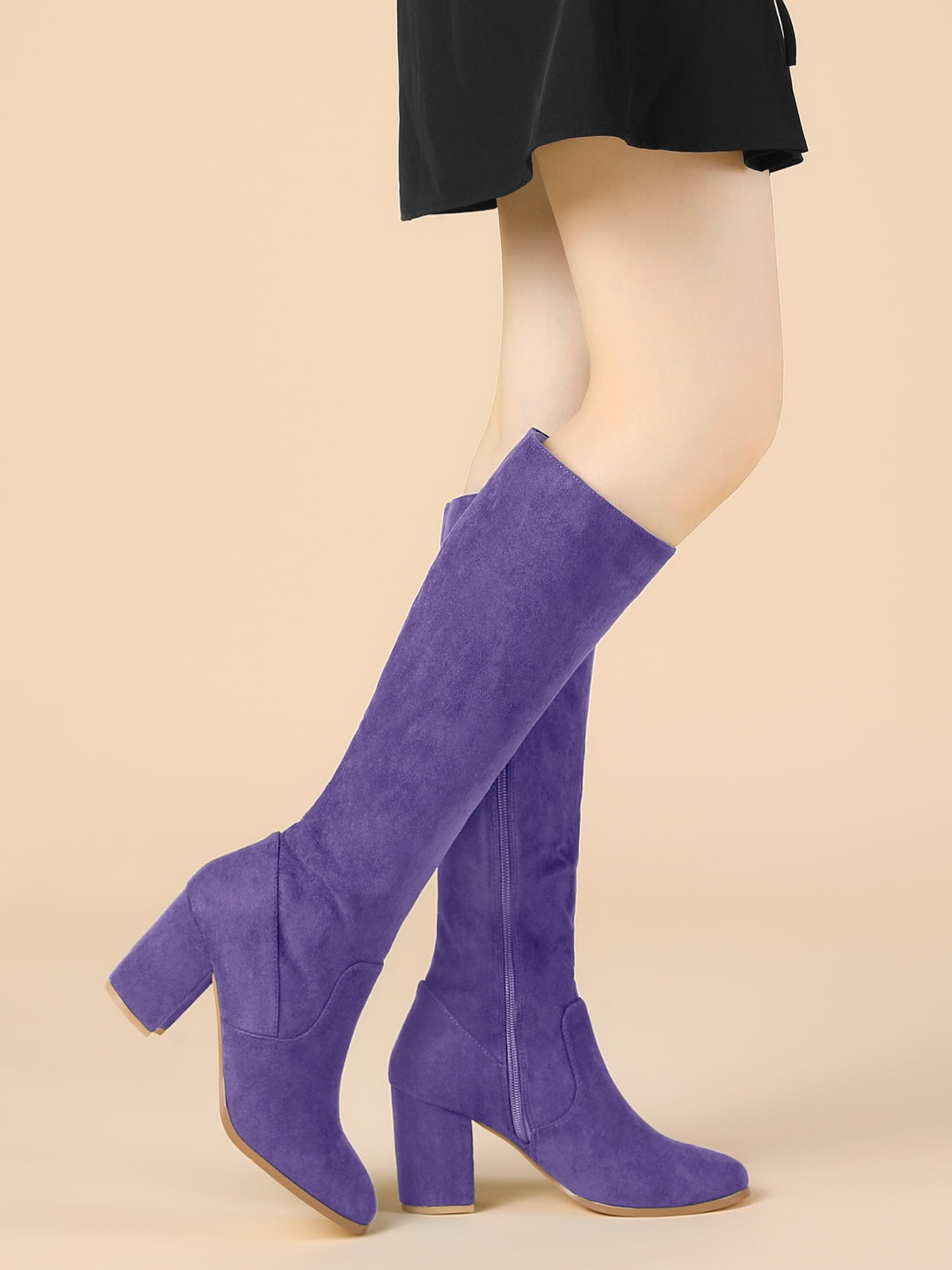 DARING DIVA Women's Stylish Side Zipper Chunky Heel Knee High Boots Purple 8.5