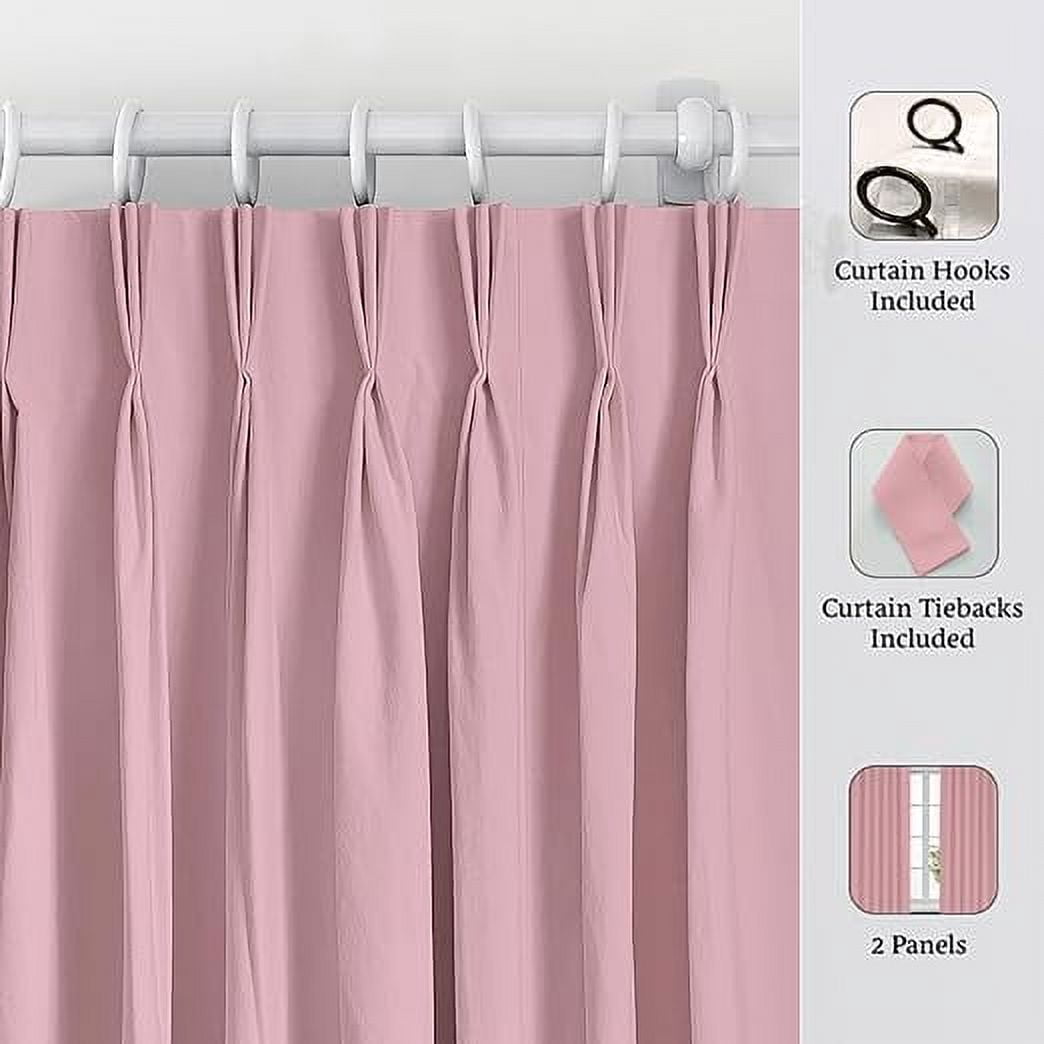 Homi Drapes Triple Pinch Pleated Blackout Curtains Thermal Insulated Room Darkening Drapes for Bedroom/Livingroom Along with 2 Panels,Tiebacks,Hooks (Baby Pink, 30"x63")