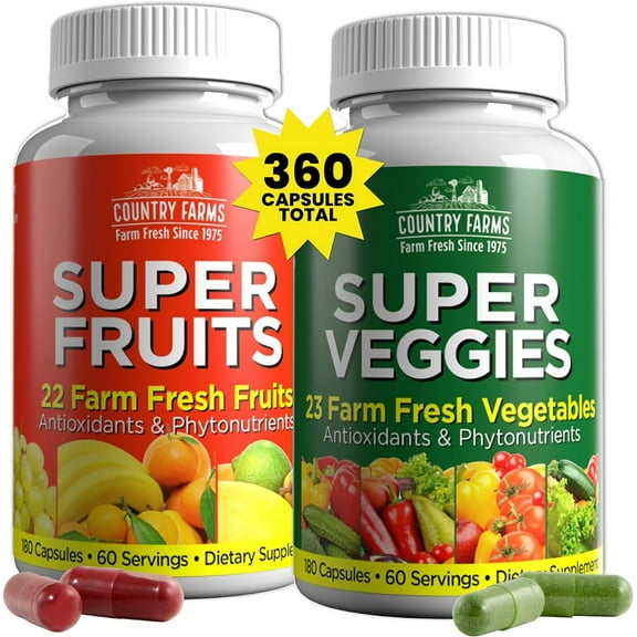 Country Farms Super Fruits & Veggies , 2 Pack, 180 Capsules Each, Greens and Reds Packed with Superfoods, Powerful Antioxidants, 60 Servings