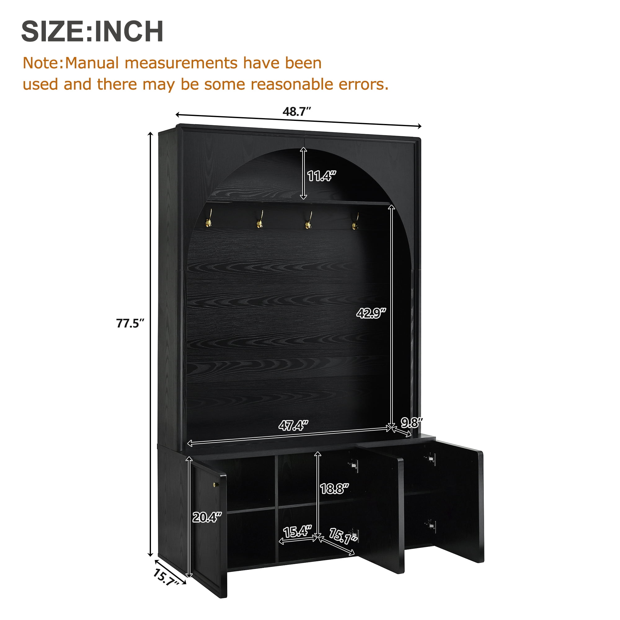 T-Foyer Farmhouse Black Hall Tree with 4 Hooks & 3 Cabinets, Wooden Rustic Entryway Organizer with Open Storage