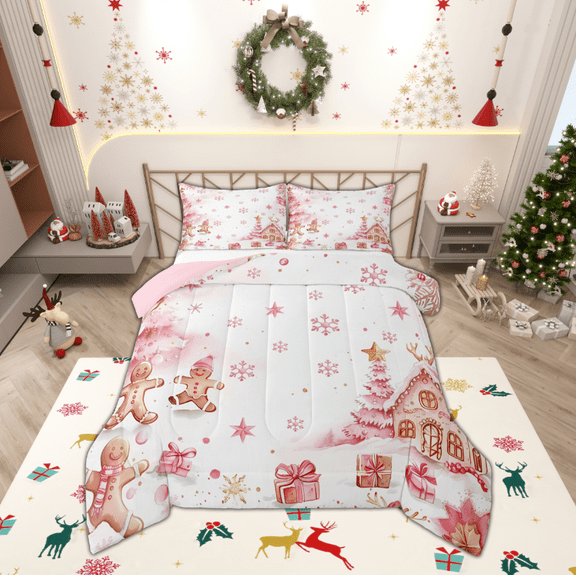 Manfei Cute Gingerbread Man Bedding Comforter Set,Christmas Gifts Twin Comforter Sets,Pink Chic Xmas Tree Bedding Set For Teens,Super Cozy Room Decor Reversible,2pcs