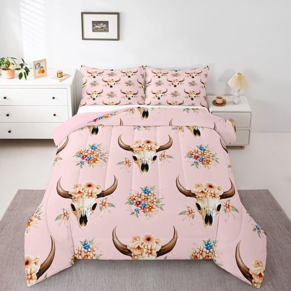 Homewish Girly Pink Mandala Bedding Comforter Set for Kid, Hippie Sheep Skeleton Twin Comforter Sets, Boho Tribal Floral Reversible Bedding Set, Breathable Home Decor, 2 Pieces