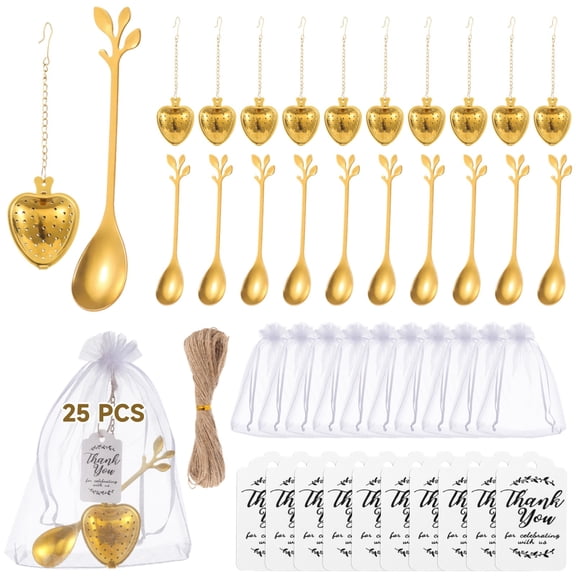 25 Sets Bridal Shower Tea Party Favors Kit,Includes Heart Tea Infusers, Leaf Spoons,Organza Bags, Thank You Cards, Wedding Guest Souvenirs