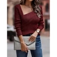 thumbnail image 3 of Suéter ajustado con cuello bajo, suéter de manga larga de color sólido para mujer, suéter para la vida diaria, rojo vino S, 3 of 6