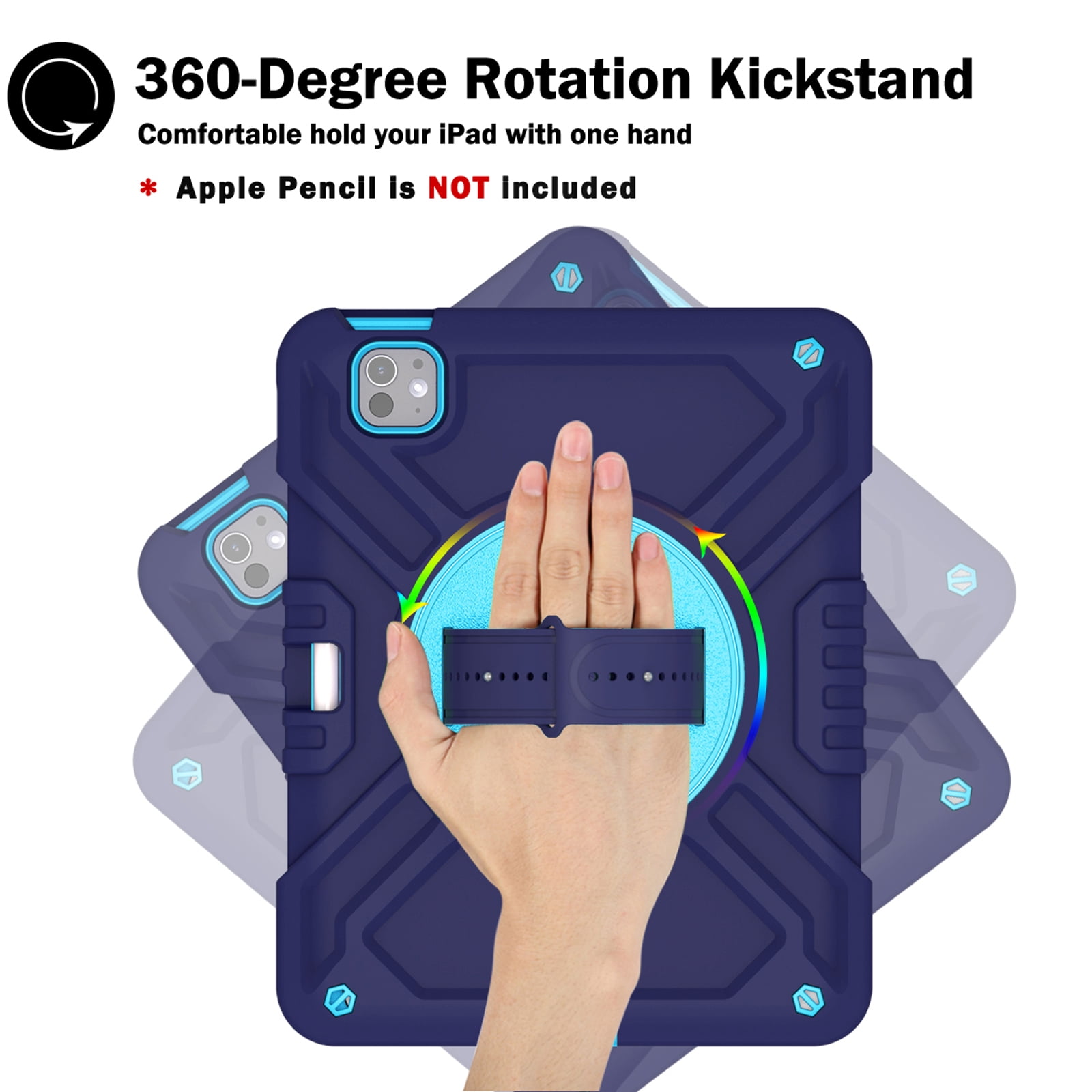 Military Grade Case for Apple iPad Pro 11 2024,Shoulder Strap Shockproof iPad Case with Pencil Holder 360 Rotating Hand Strap+Kicstand Rugged Siicone and Hard PC Case,Navyblue