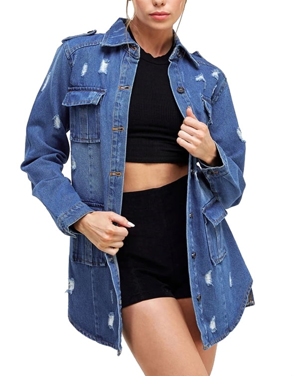 VKWEAR Women's Distressed Denim Cotton Button Up Long Military Utility Jean Jacket (Medium