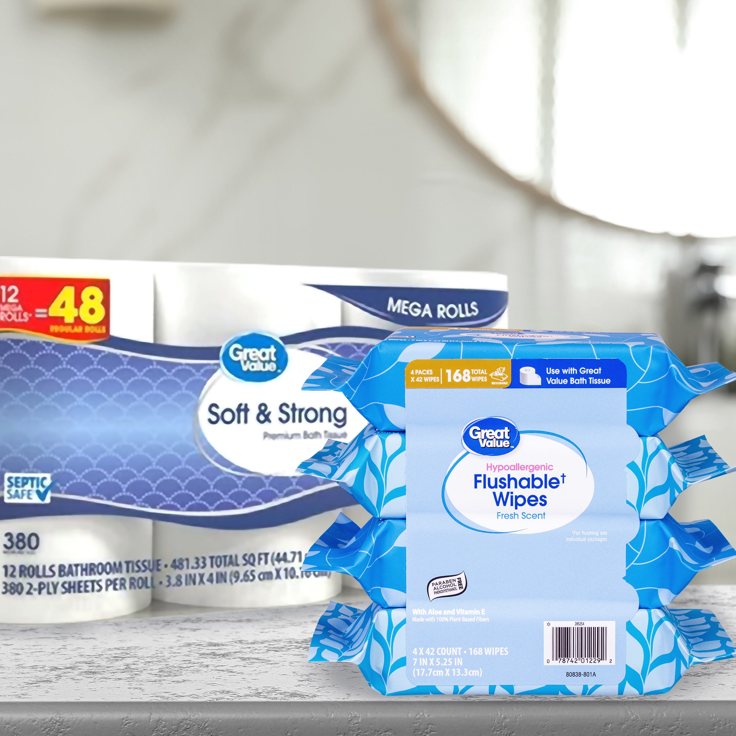 Great Value Flushable Wet Wipes, Fresh Scent, 4 Packs of 42 Wipes, 168 Total Wipes