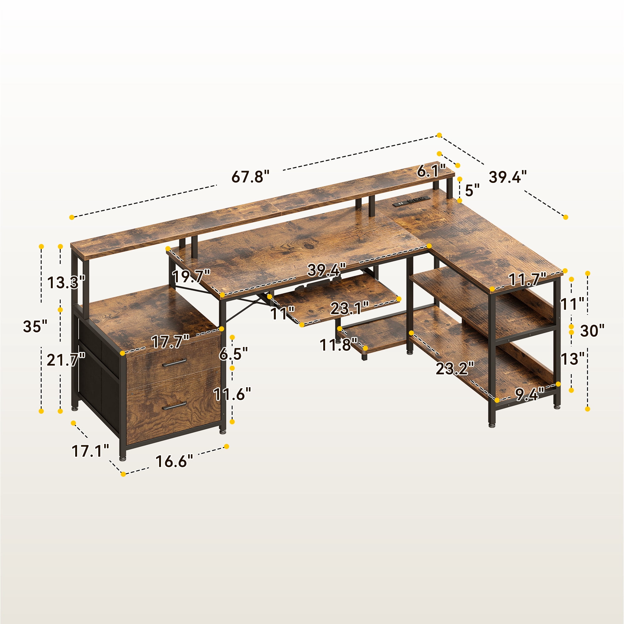 66 inch L-Shaped Gaming Desk with LED Lights & Power Outlets, Corner Computer Desk with 2 Drawers & Storage Shelves, Reversible Workstation for Home Office, Vintage