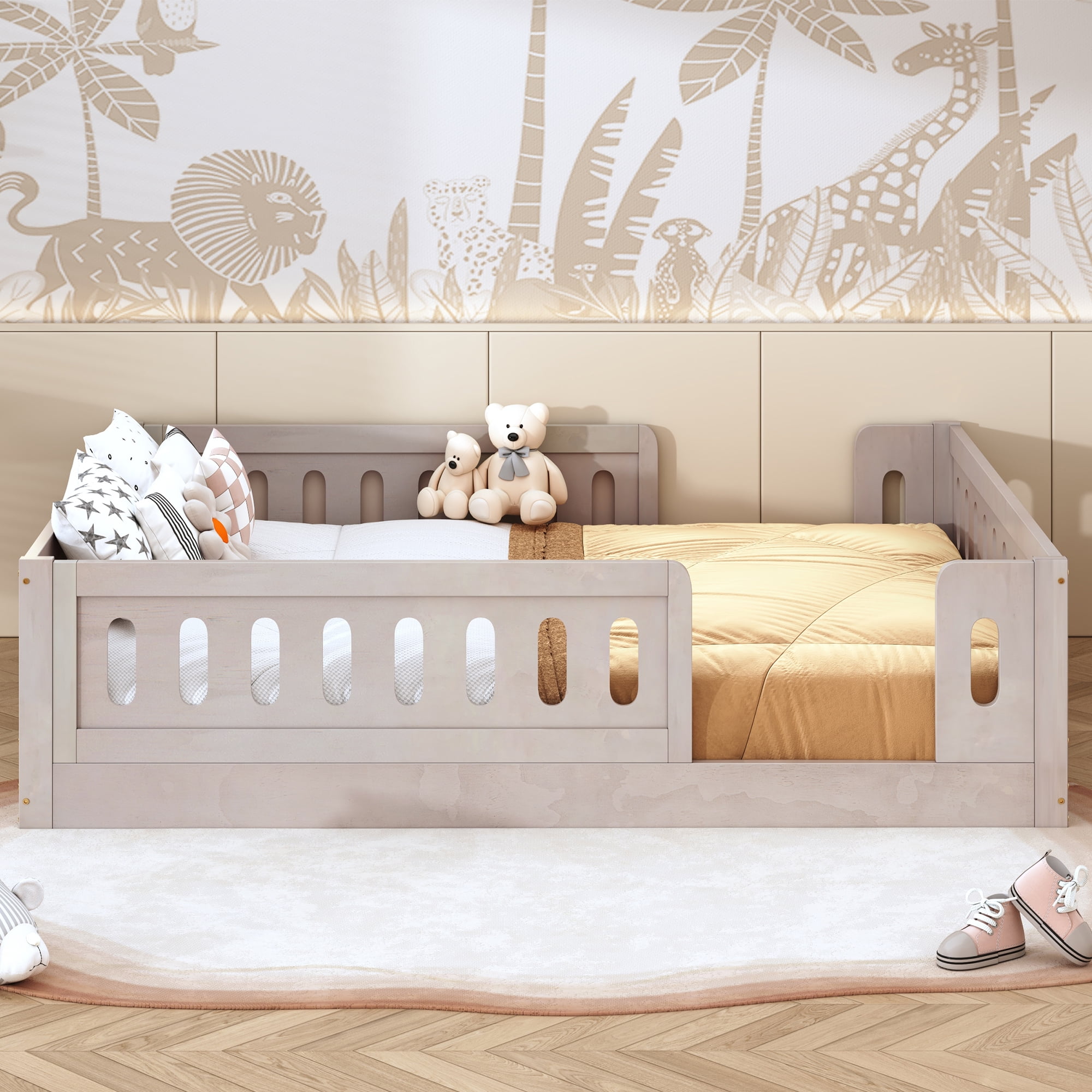 Solid Pine Wood Full Size Kids Platform Bed with Semi-Enclosed Safety Guardrail, Fits 6"-8" Mattress No Box Spring Needed Low Floor Bed