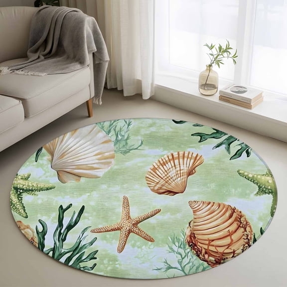 Round Rugs 4Ft, Sage Green Coastal Round Area Rug Washable Indoor Throw Carpet, Summer Ocean Starfish Shell Soft Non Slip Circle Rug for Kitchen Nursery Room Home Decor Aesthetic