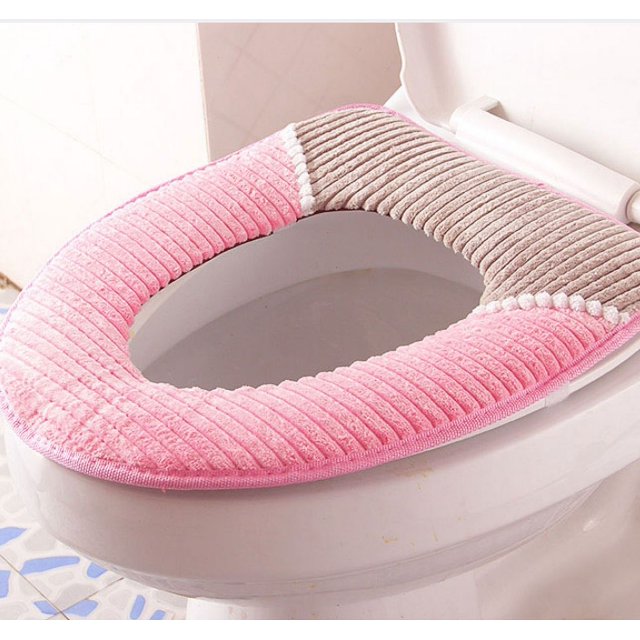 Toalla de mano de pana, cálida en otoño e invierno, cubierta de inodoro impermeable de PU, felpa espesa, toalla de mano a rayas con botones (rosa)