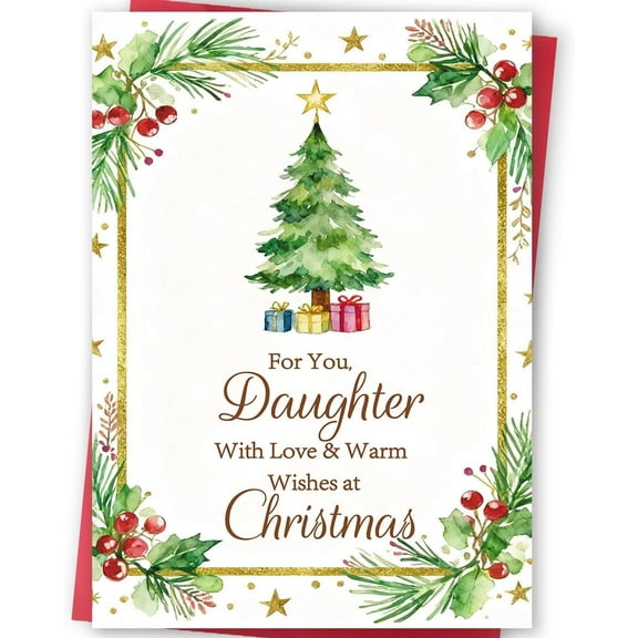 Christmas Card for Daughter – "With Love & Warm Wishes" – Festive Design Featuring Christmas Tree and Gifts – Envelope Included – Perfect Holiday Greeting for Daughter