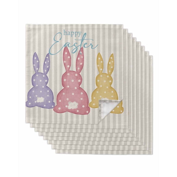 nqOlkjepod Happy Easter Bunny Cloth Napkins Set of 8 Reusable Dinner Napkins, Striped Polka Dot Rabbits Farmhouse Cocktail Napkin Washable Table Napkins for Wedding/Holiday Party/Baby Shower 20"x20"