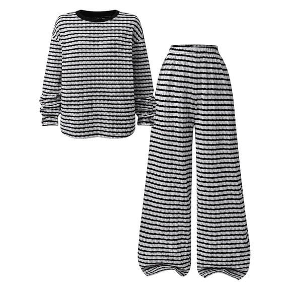 Tisuna Big Girls 2 Pieces Knit Outfit Set Striped Print Long Sleeve Tops And Pants Matching Set Loose Fit Kids Age 13-16 Years Daily Fall Outfits