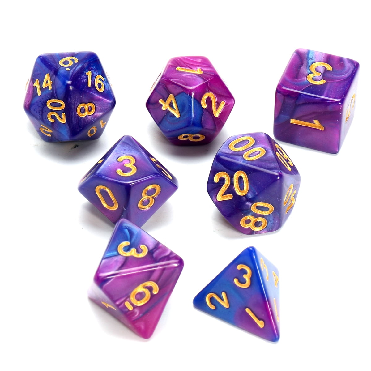 7 Piece Polyhedral Pearlescent Cotton Candy Purple Blue Dice Set D&D