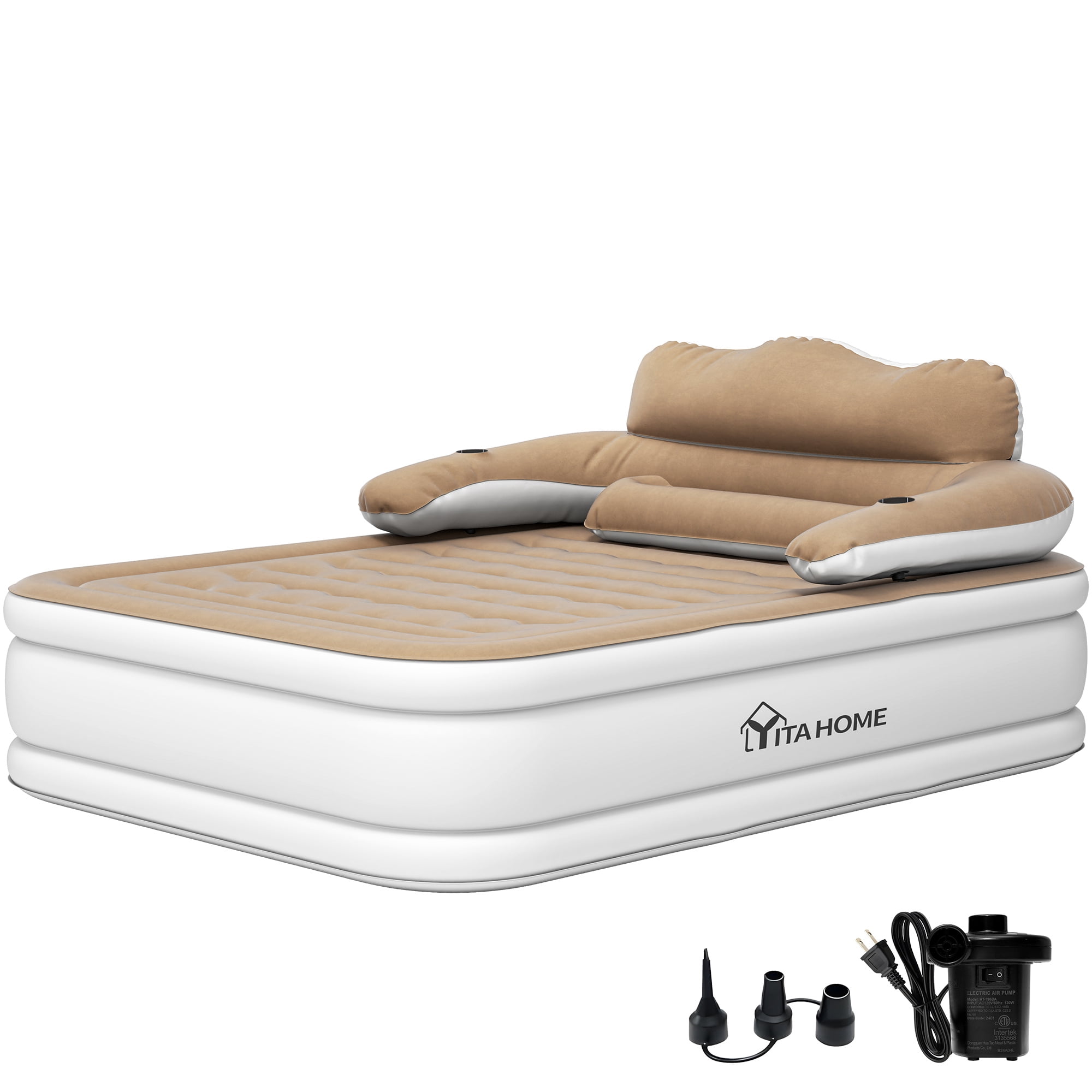 Uforic Queen Size Inflatable Air Mattress 18in Height with Headboard & Built-In Electric Pump, Carry Bag & Extra Nozzles for Home Camping Travel, Brown